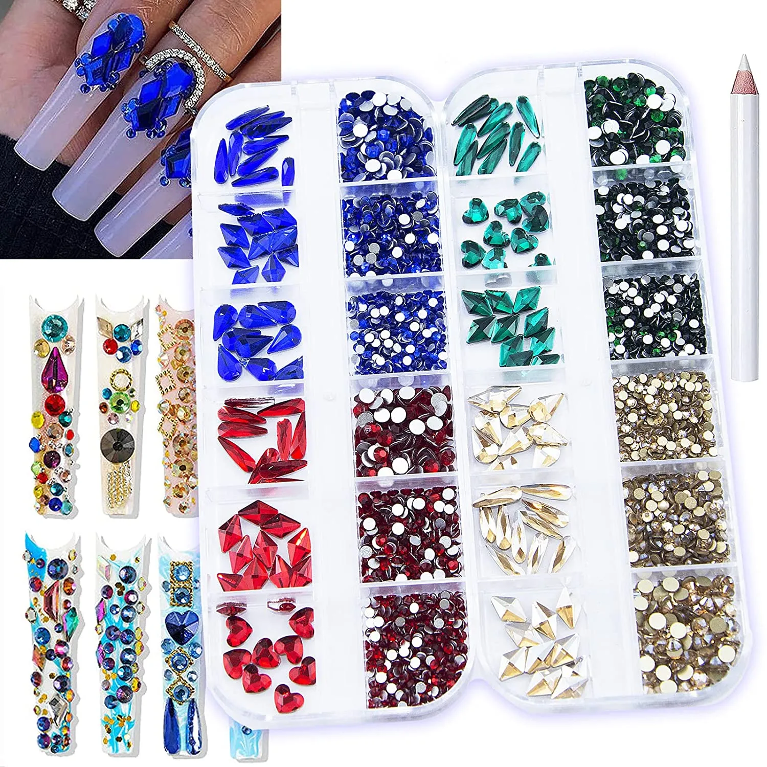 2520Pcs Red Champagne Gold Emerald Green White Nail Rhinestones Crystals Mix Colored Multi Shaped Sized Nail Beads Glass Gems Stones Nail Crystals Rhinestones with Pen for Nail DIY Crafts Jewelry