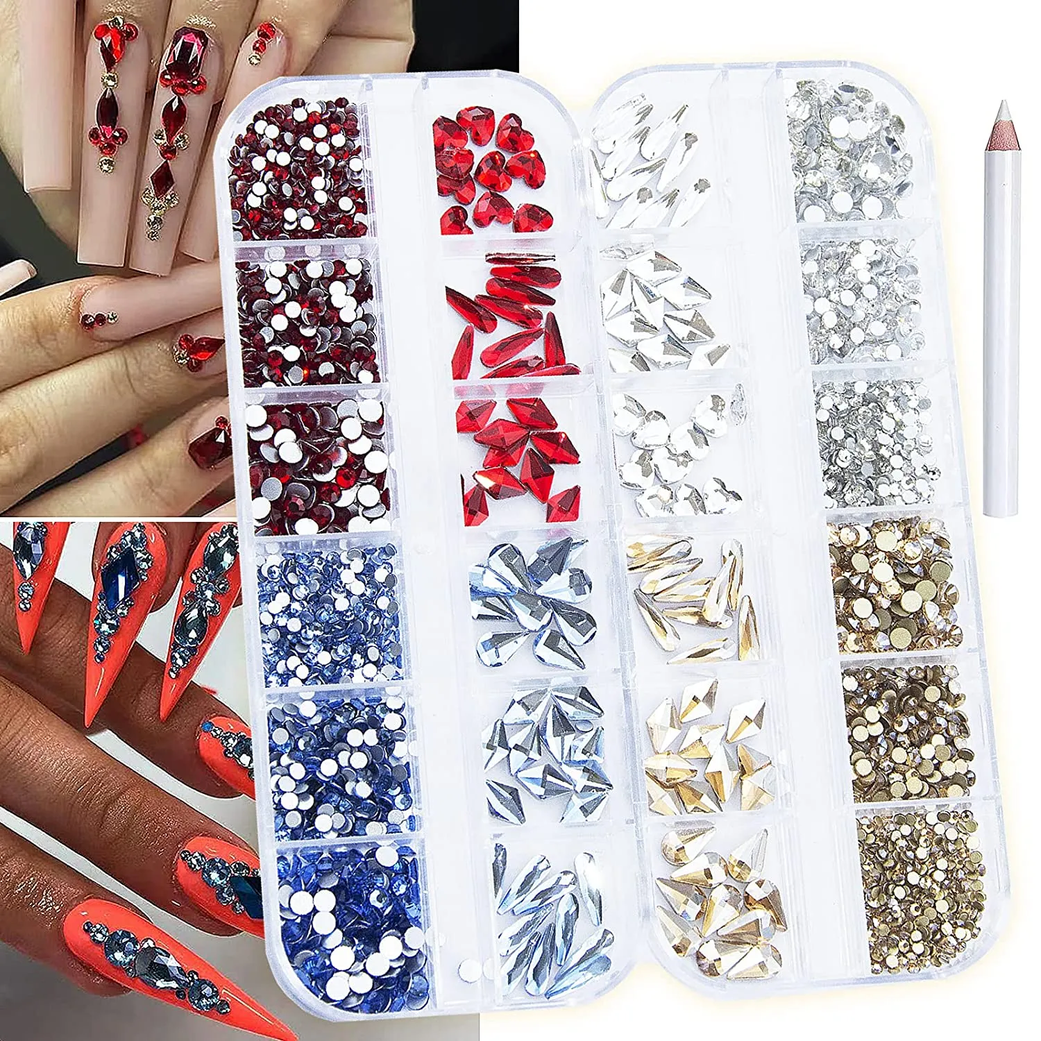 2520Pcs Red Champagne Gold Emerald Green White Nail Rhinestones Crystals Mix Colored Multi Shaped Sized Nail Beads Glass Gems Stones Nail Crystals Rhinestones with Pen for Nail DIY Crafts Jewelry