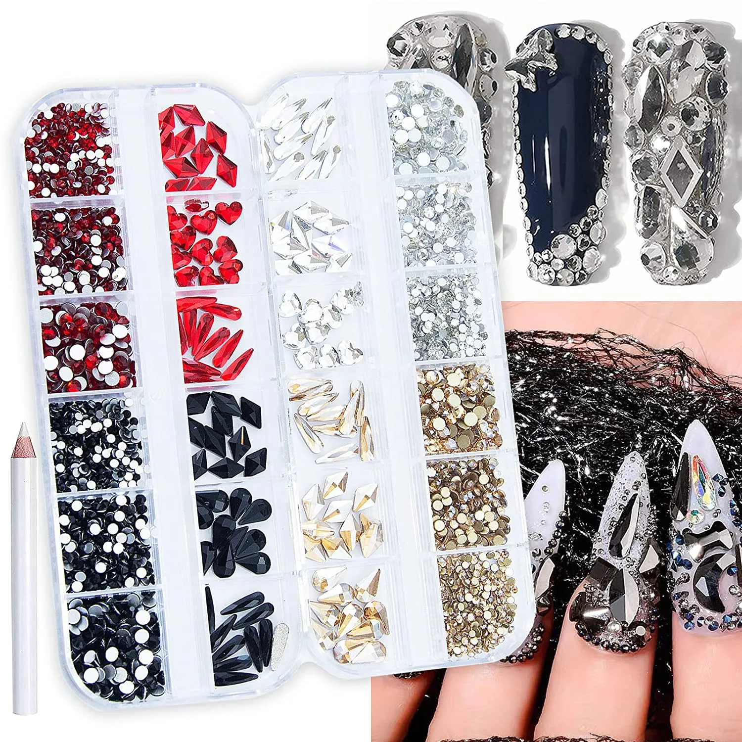 2520Pcs Red Champagne Gold Emerald Green White Nail Rhinestones Crystals Mix Colored Multi Shaped Sized Nail Beads Glass Gems Stones Nail Crystals Rhinestones with Pen for Nail DIY Crafts Jewelry