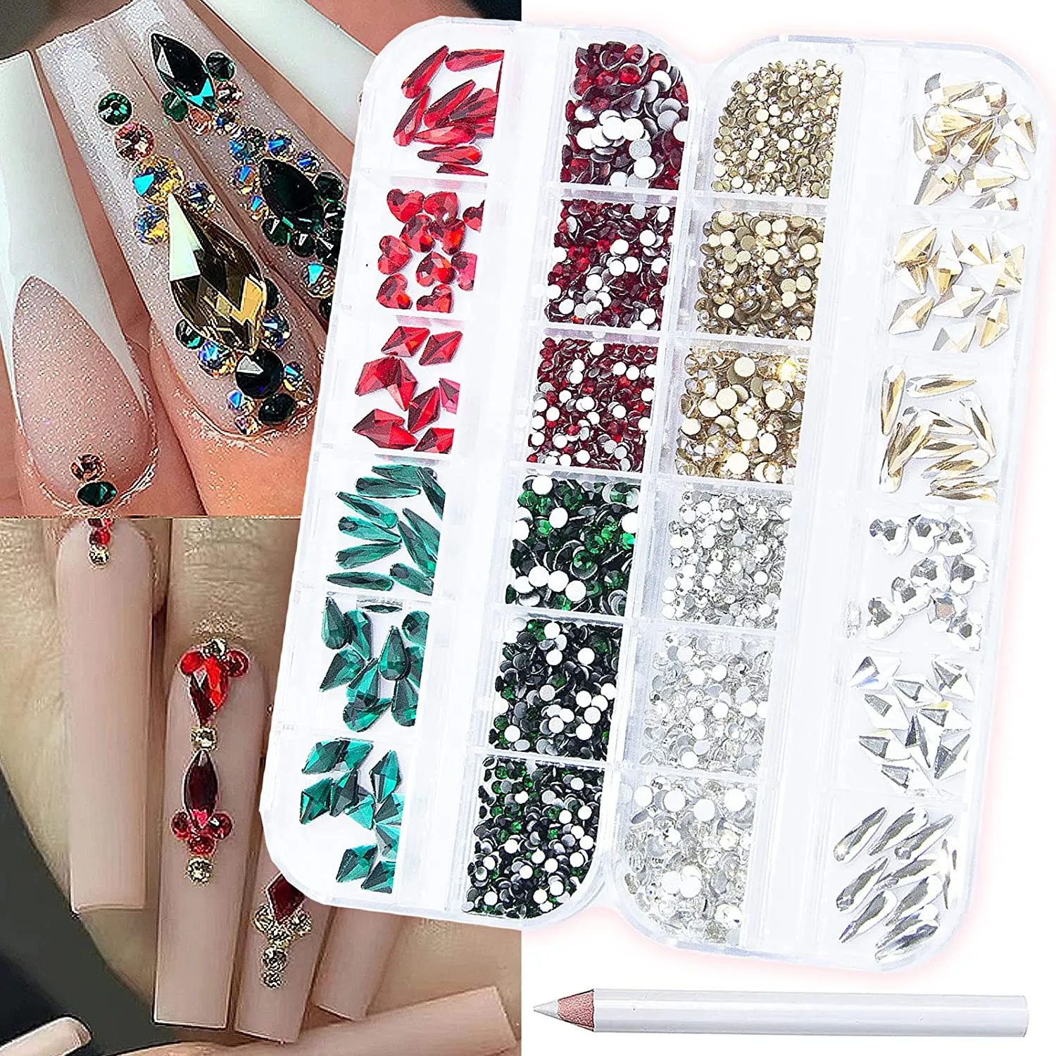 2520Pcs Red Champagne Gold Emerald Green White Nail Rhinestones Crystals Mix Colored Multi Shaped Sized Nail Beads Glass Gems Stones Nail Crystals Rhinestones with Pen for Nail DIY Crafts Jewelry