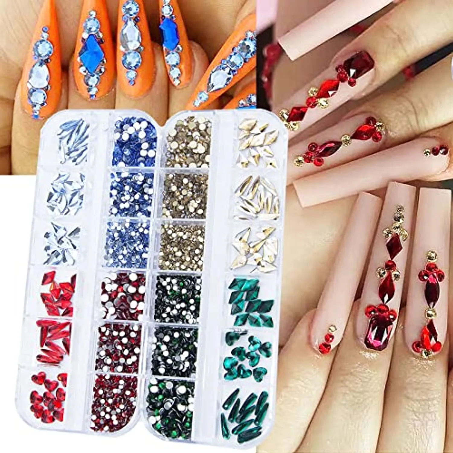 2520Pcs Red Champagne Gold Emerald Green White Nail Rhinestones Crystals Mix Colored Multi Shaped Sized Nail Beads Glass Gems Stones Nail Crystals Rhinestones with Pen for Nail DIY Crafts Jewelry