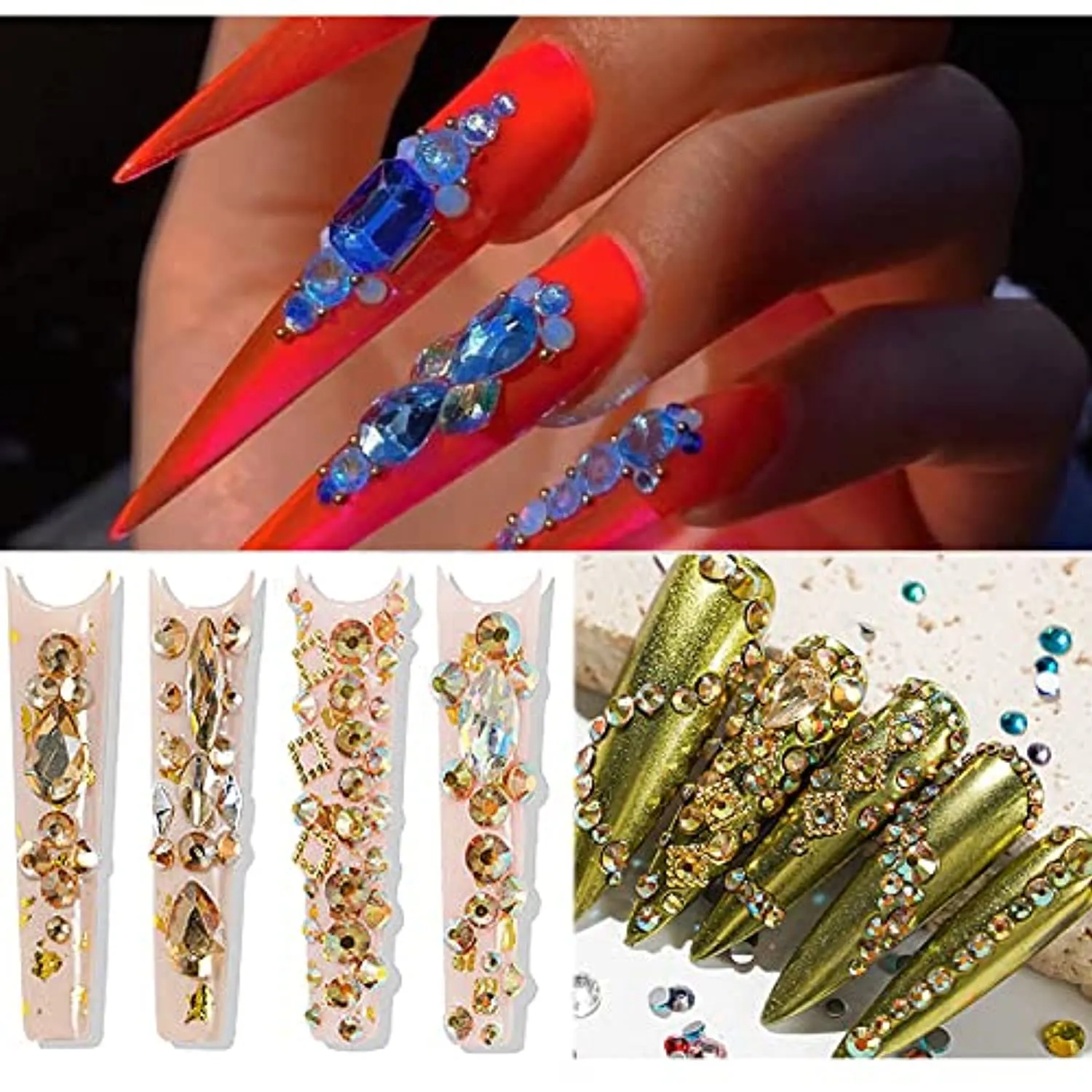 2520Pcs Red Champagne Gold Emerald Green White Nail Rhinestones Crystals Mix Colored Multi Shaped Sized Nail Beads Glass Gems Stones Nail Crystals Rhinestones with Pen for Nail DIY Crafts Jewelry