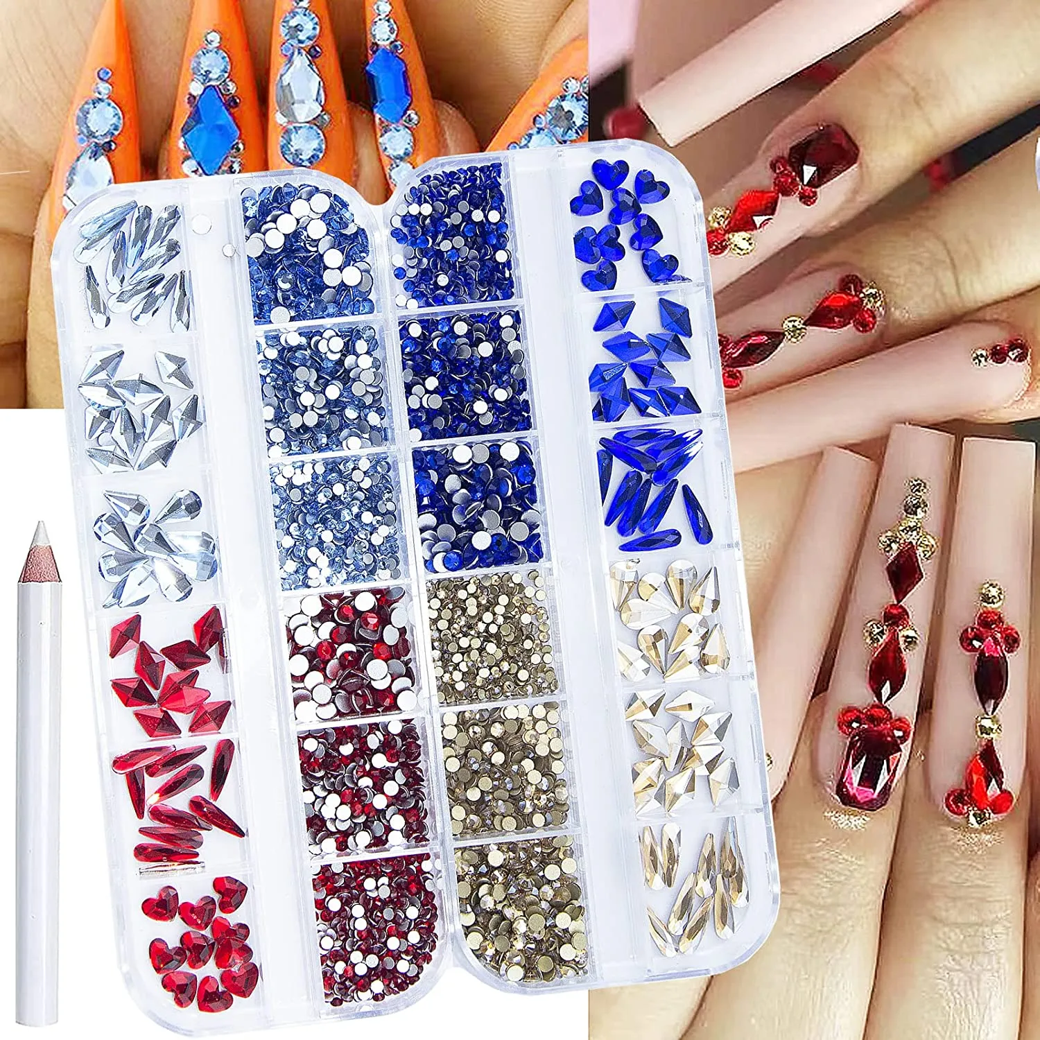 2520Pcs Red Champagne Gold Emerald Green White Nail Rhinestones Crystals Mix Colored Multi Shaped Sized Nail Beads Glass Gems Stones Nail Crystals Rhinestones with Pen for Nail DIY Crafts Jewelry
