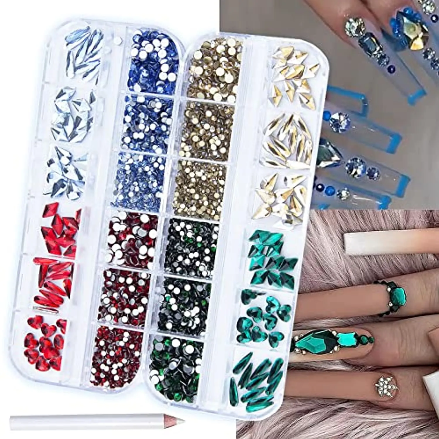 2520Pcs Red Champagne Gold Emerald Green White Nail Rhinestones Crystals Mix Colored Multi Shaped Sized Nail Beads Glass Gems Stones Nail Crystals Rhinestones with Pen for Nail DIY Crafts Jewelry