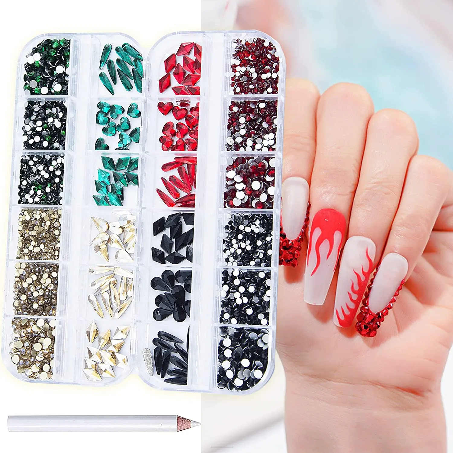 2520Pcs Red Champagne Gold Emerald Green White Nail Rhinestones Crystals Mix Colored Multi Shaped Sized Nail Beads Glass Gems Stones Nail Crystals Rhinestones with Pen for Nail DIY Crafts Jewelry