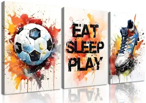 3Pcs Graffiti Soccer Wall Art Sport Graffiti Fine Art Soccer Shoes Posters Pictures Sports Gaming Canvas Prints Colorful Football Paintings For Bedroom Boys Room Teen Kids Playroom Wall Decor Framed