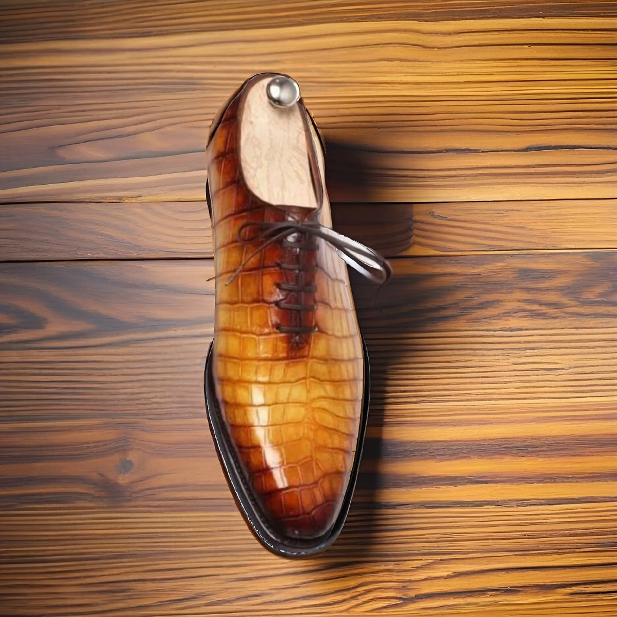 Adorable Elegance: Men's Tan Brown Crocodile Impression Whole Cut Oxford Dress Formal Shoes with Crocodile Textured Detail
