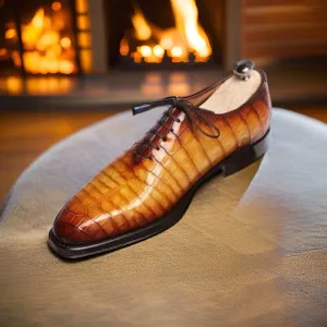 Adorable Elegance: Men's Tan Brown Crocodile Impression Whole Cut Oxford Dress Formal Shoes with Crocodile Textured Detail