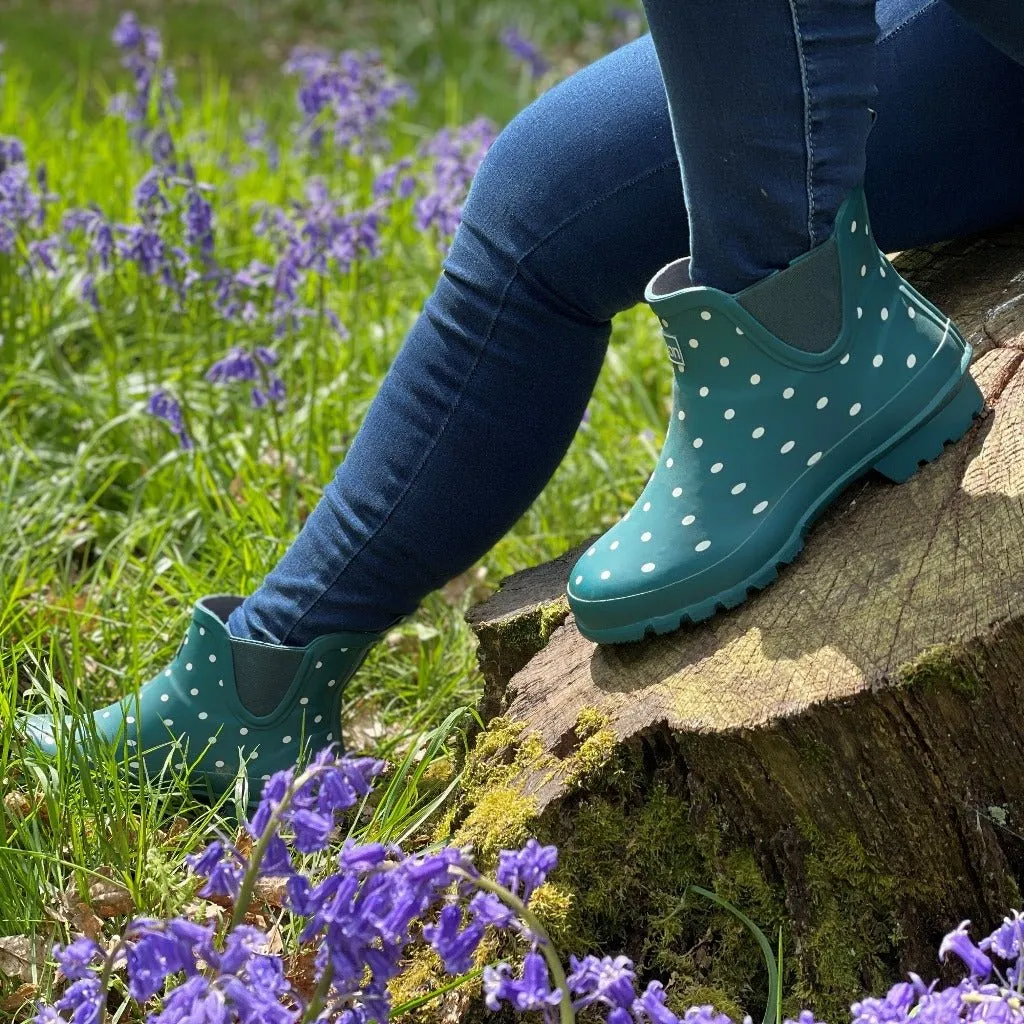 Ankle Wellies - Teal with White Spots - Wide Foot - Easy to Slip On