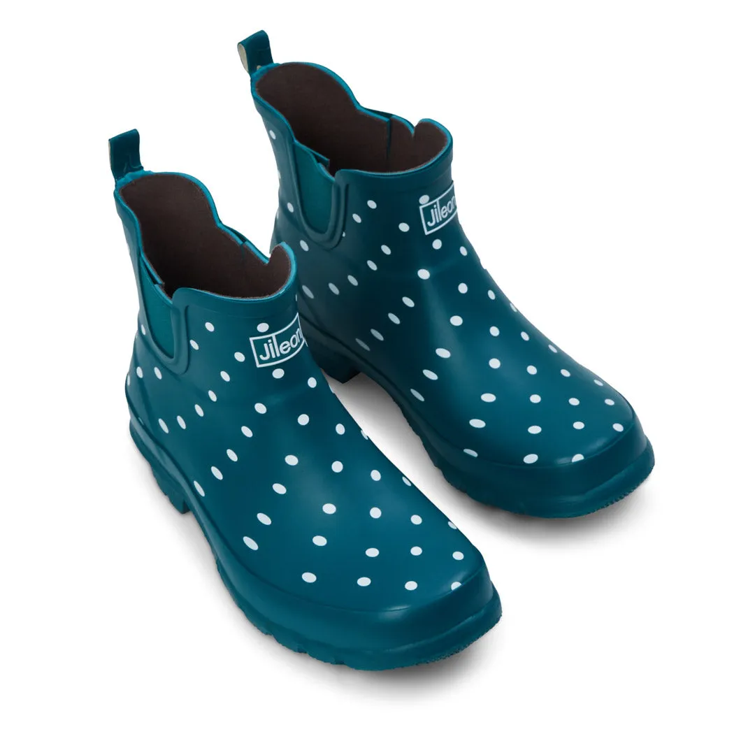 Ankle Wellies - Teal with White Spots - Wide Foot - Easy to Slip On