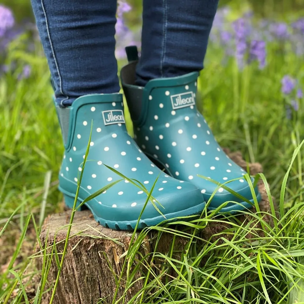 Ankle Wellies - Teal with White Spots - Wide Foot - Easy to Slip On