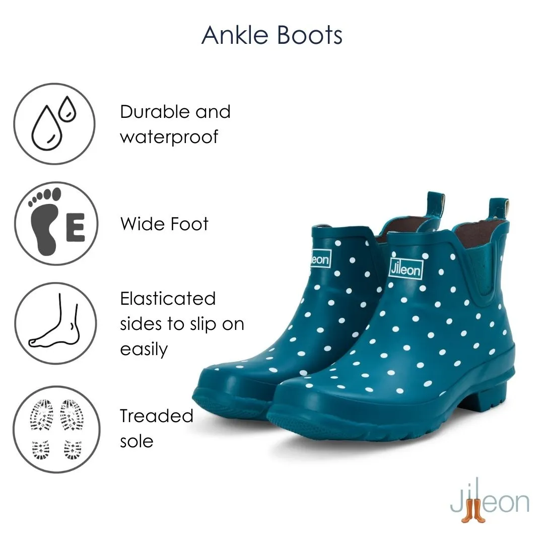 Ankle Wellies - Teal with White Spots - Wide Foot - Easy to Slip On