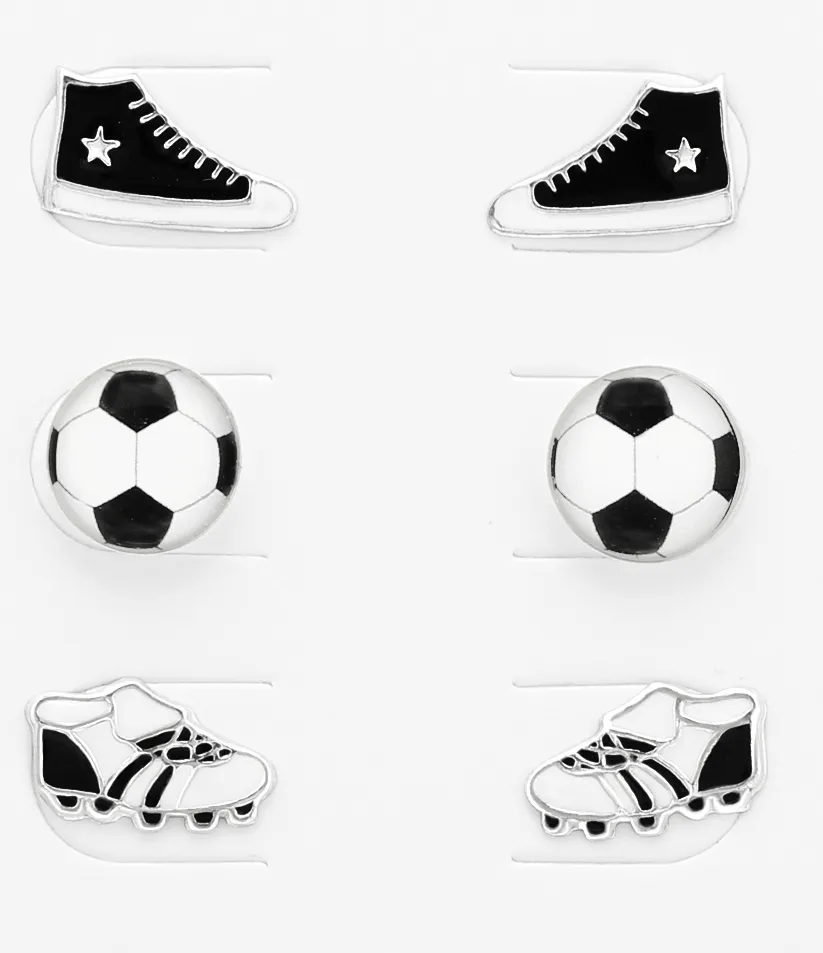 Children's Sterling Silver Set of 3 Pairs of Football Themed Stud Earrings