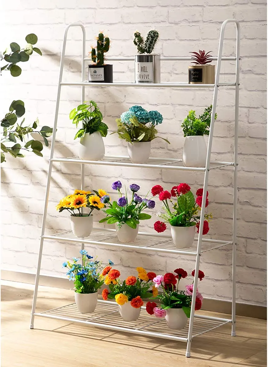 DOEWORKS 4 Tier Metal Plant Stand, Ladder-Shaped Storage Rack Stand Shelf ,Shoe Organizer, Utility Storage for Indoor Outdoor Use, White