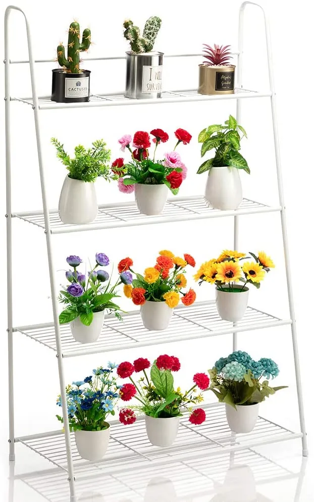 DOEWORKS 4 Tier Metal Plant Stand, Ladder-Shaped Storage Rack Stand Shelf ,Shoe Organizer, Utility Storage for Indoor Outdoor Use, White