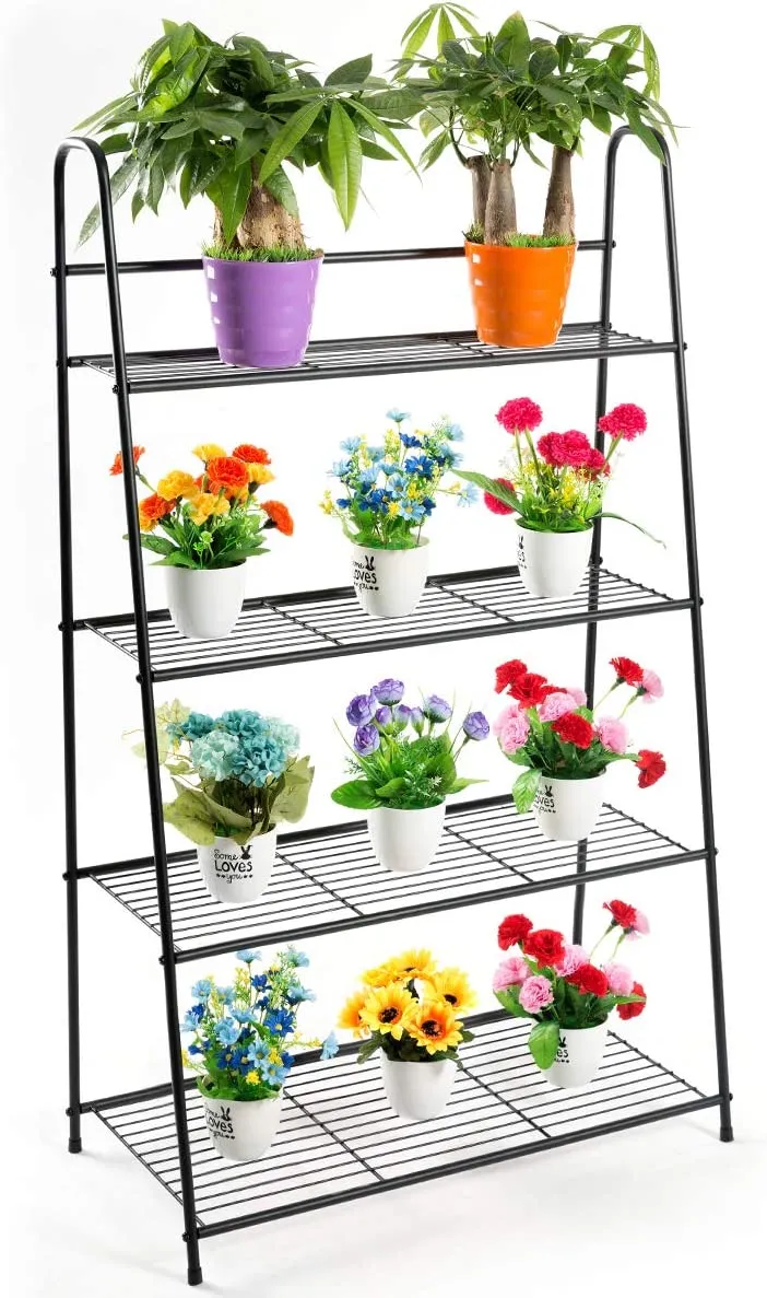 DOEWORKS 4 Tier Metal Plant Stand, Ladder-Shaped Storage Rack Stand Shelf ,Shoe Organizer, Utility Storage for Indoor Outdoor Use, White