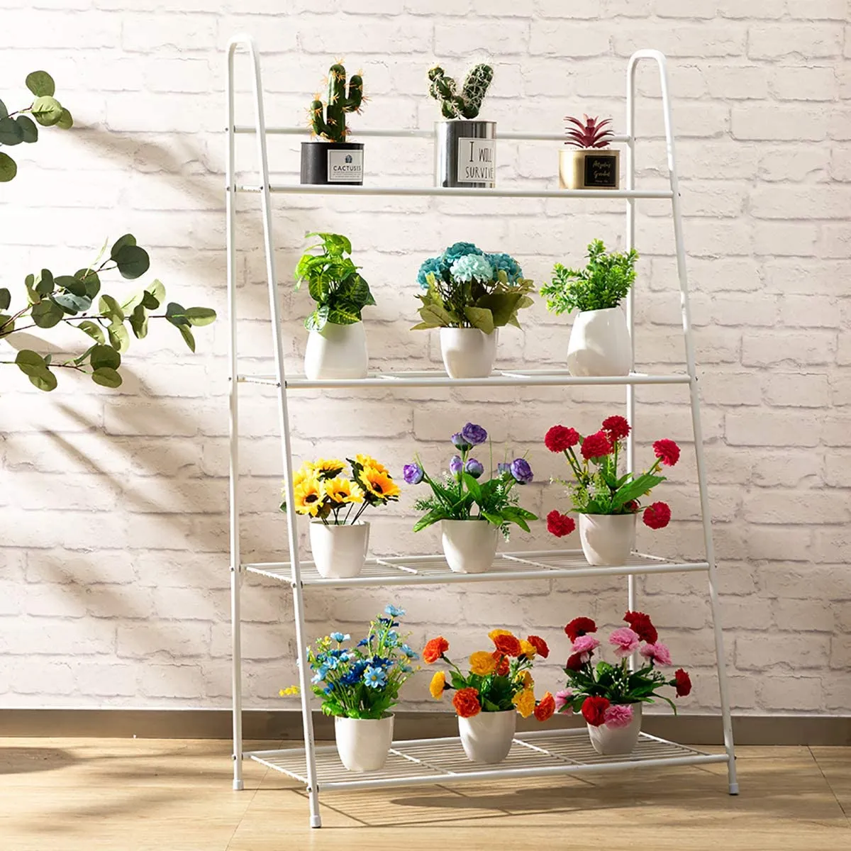 DOEWORKS 4 Tier Metal Plant Stand, Ladder-Shaped Storage Rack Stand Shelf ,Shoe Organizer, Utility Storage for Indoor Outdoor Use, White