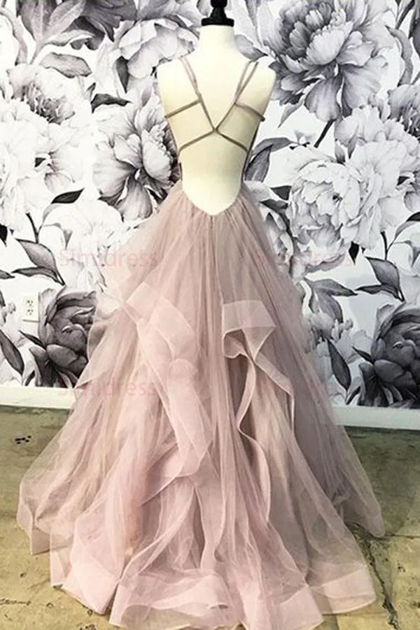 Elegant Pink Tulle A-line V-Neck Long Prom Dresses, Cheap Party Dresses, SP527