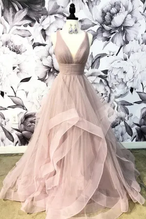 Elegant Pink Tulle A-line V-Neck Long Prom Dresses, Cheap Party Dresses, SP527