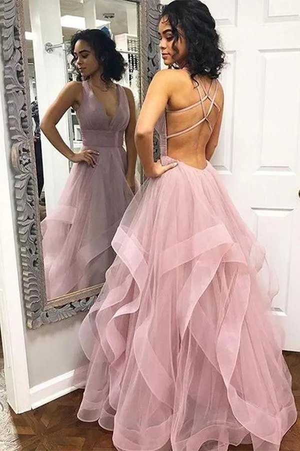 Elegant Pink Tulle A-line V-Neck Long Prom Dresses, Cheap Party Dresses, SP527