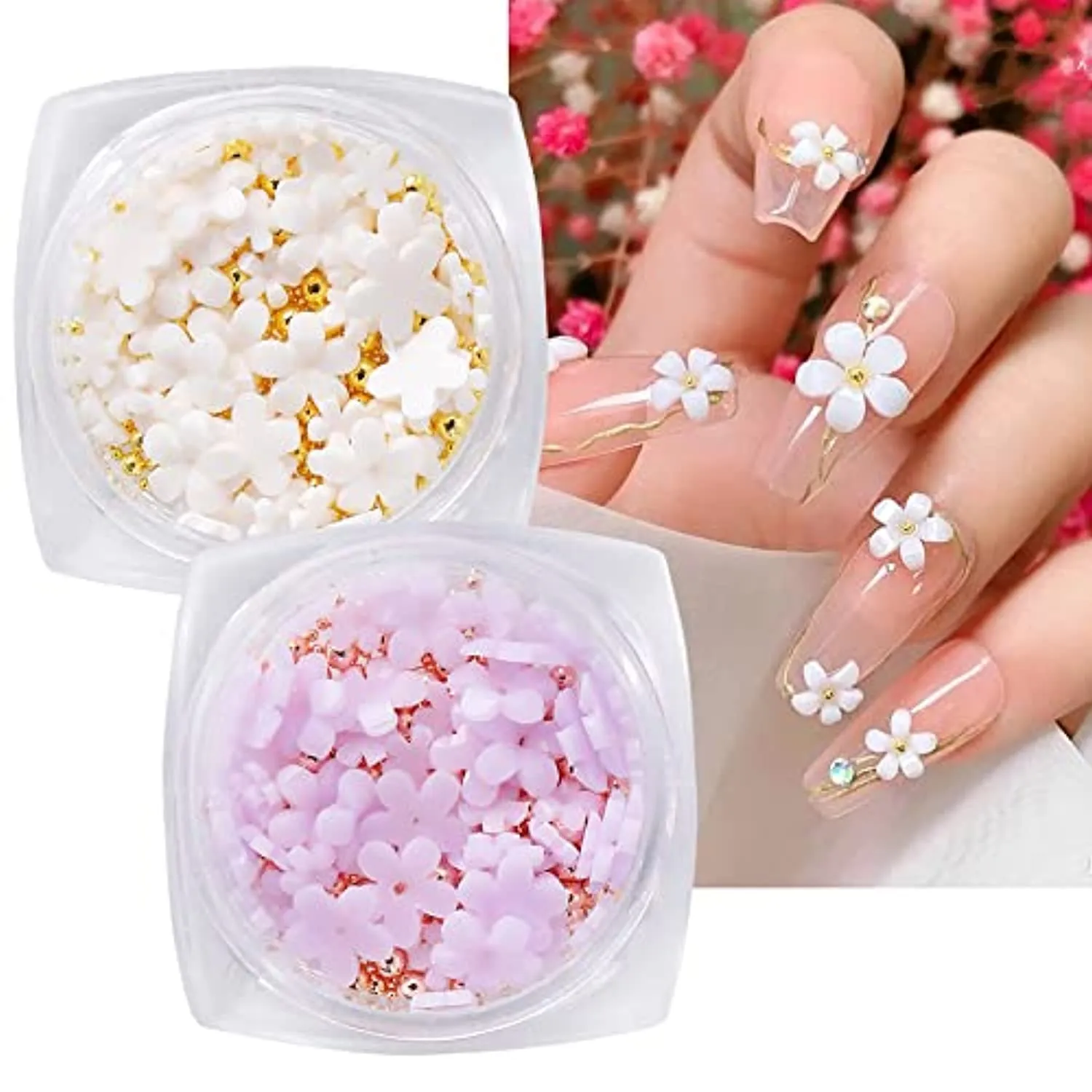 Flower Nail Charms for Nail Art, 3D Nail Flowers Rhinestones Gems Nail Art Supplies Color Changed Cherry Blossom Nail Art Charms With Metal Beads Spring Nail Designs for Women Girls, 6 Boxes