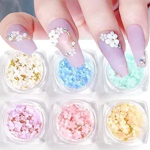 Flower Nail Charms for Nail Art, 3D Nail Flowers Rhinestones Gems Nail Art Supplies Color Changed Cherry Blossom Nail Art Charms With Metal Beads Spring Nail Designs for Women Girls, 6 Boxes