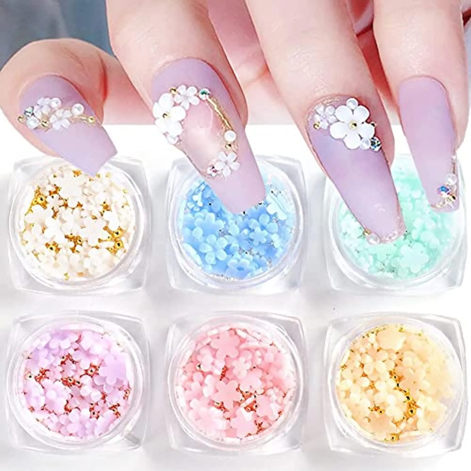 Flower Nail Charms for Nail Art, 3D Nail Flowers Rhinestones Gems Nail Art Supplies Color Changed Cherry Blossom Nail Art Charms With Metal Beads Spring Nail Designs for Women Girls, 6 Boxes