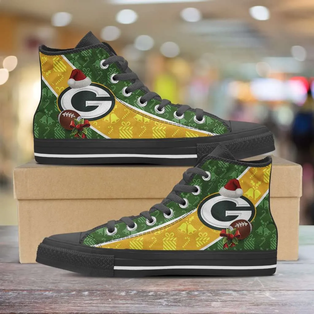 Green Bay Packers Christmas Football Pattern Canvas High Top Shoes - v2
