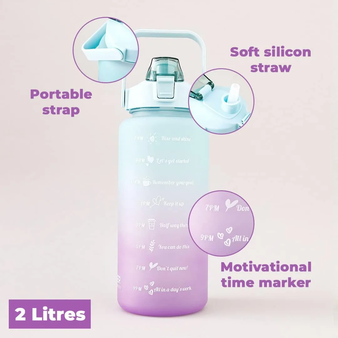 Kuber Industries Motivational 2 Litre Water Bottle with Time Marker|BPA Free,Leakproof,Non-Toxic & Durable|Sipper Water Bottle for Kids & Adults with Straw|for Gym,Home,Office & School |Purple