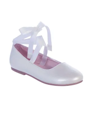 Little Girls White Ribbon Ankle Tie Elegant Matte Mary Jane Flats 5-8 Toddler