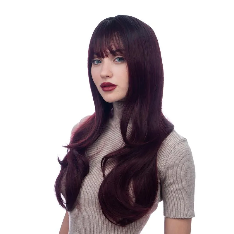 Long(25In/64Cm) Burgundy with Black Roots Curl Realistic Synthetic Wig (Pre-Styled Synthetic Fiber) | 【Bangs】【Wig Cap Included】【250°F Heat Resistant】|#32@29
