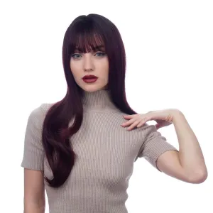 Long(25In/64Cm) Burgundy with Black Roots Curl Realistic Synthetic Wig (Pre-Styled Synthetic Fiber) | 【Bangs】【Wig Cap Included】【250°F Heat Resistant】|#32@29