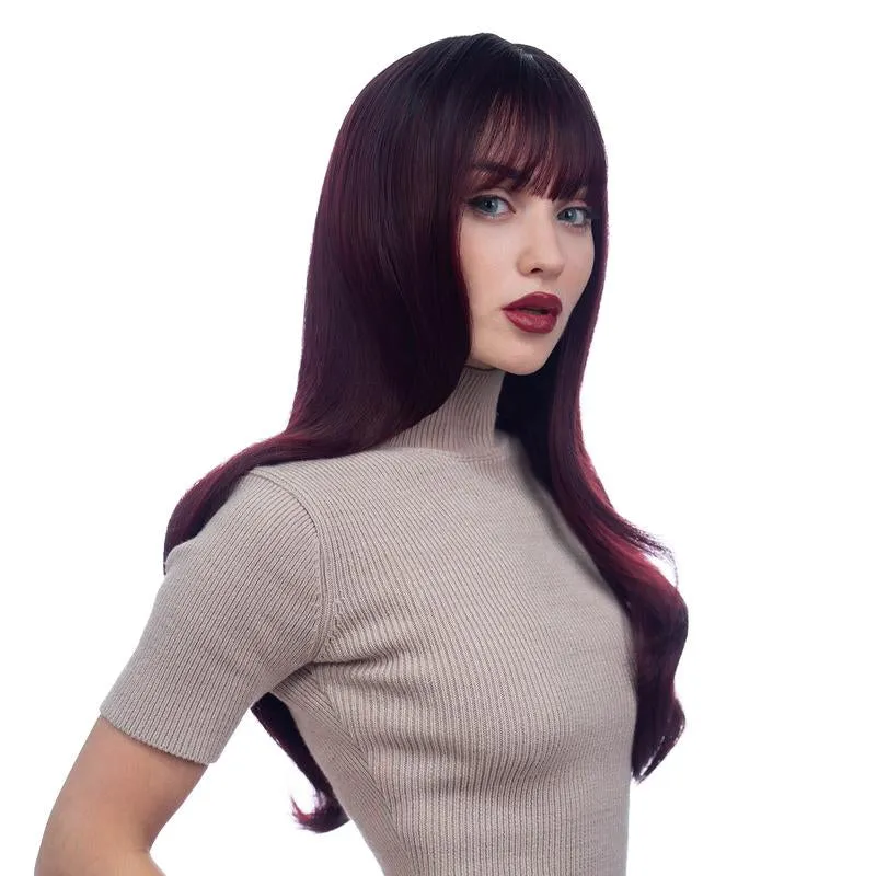 Long(25In/64Cm) Burgundy with Black Roots Curl Realistic Synthetic Wig (Pre-Styled Synthetic Fiber) | 【Bangs】【Wig Cap Included】【250°F Heat Resistant】|#32@29