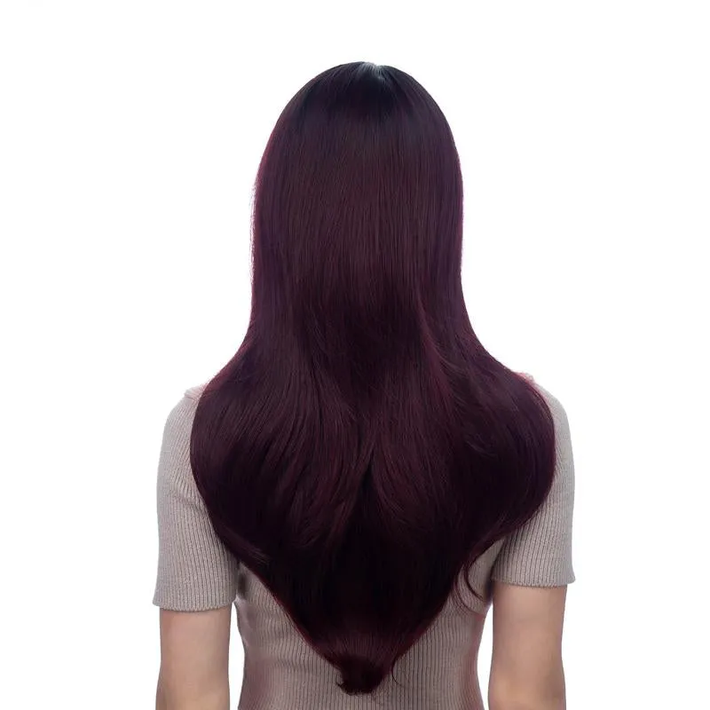 Long(25In/64Cm) Burgundy with Black Roots Curl Realistic Synthetic Wig (Pre-Styled Synthetic Fiber) | 【Bangs】【Wig Cap Included】【250°F Heat Resistant】|#32@29
