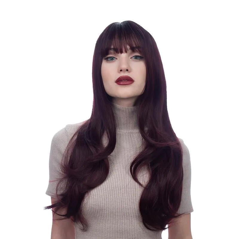 Long(25In/64Cm) Burgundy with Black Roots Curl Realistic Synthetic Wig (Pre-Styled Synthetic Fiber) | 【Bangs】【Wig Cap Included】【250°F Heat Resistant】|#32@29