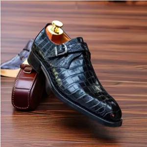 Men's crocodile leather texture top unique side buckle dress shoes