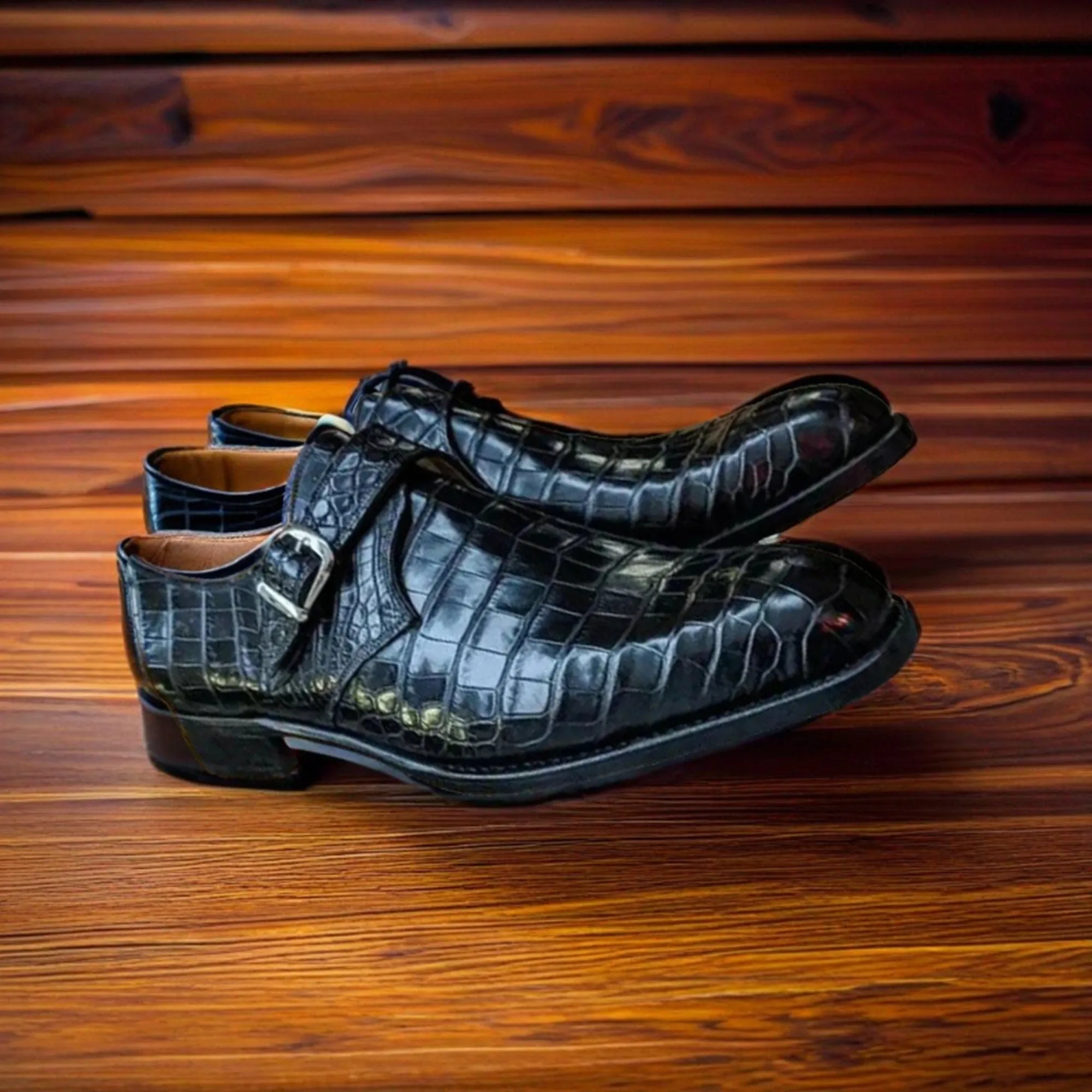 Men's crocodile leather texture top unique side buckle dress shoes