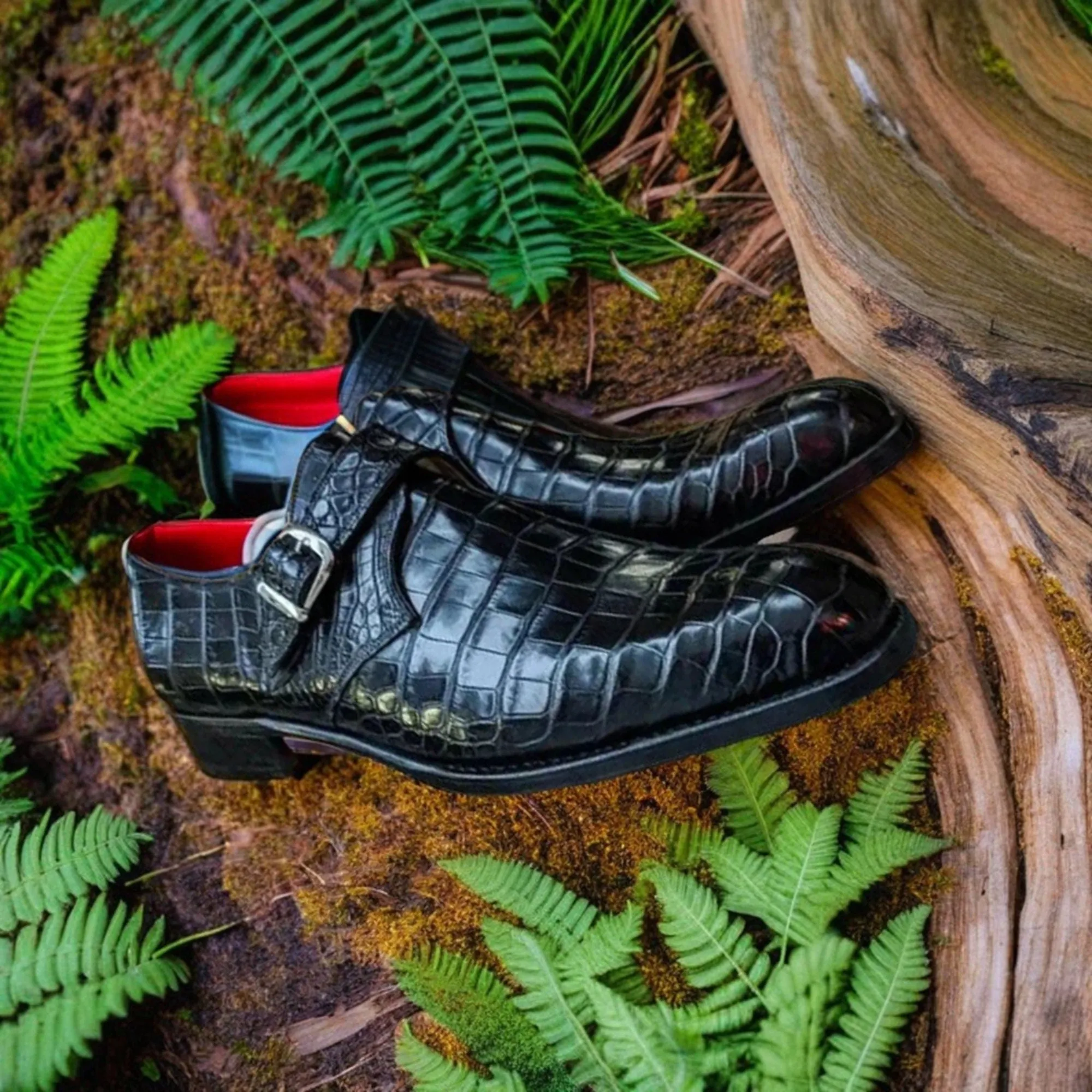 Men's crocodile leather texture top unique side buckle dress shoes