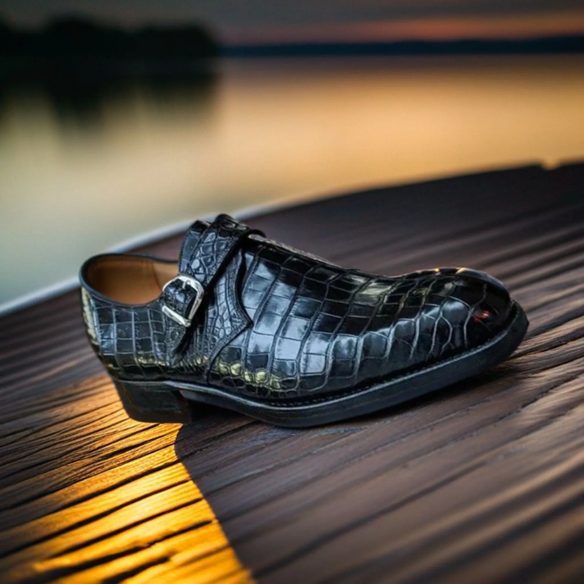 Men's crocodile leather texture top unique side buckle dress shoes