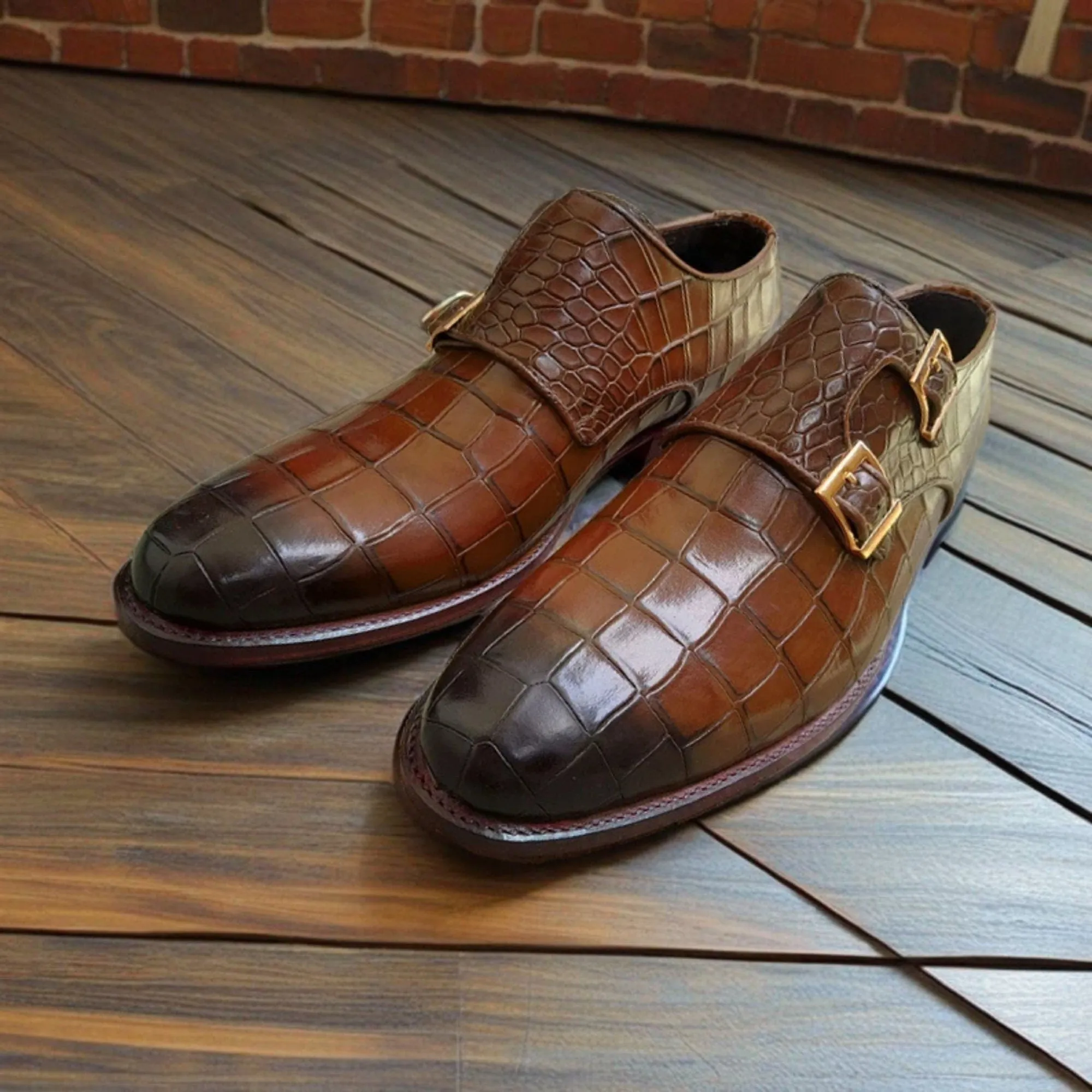 Men's Handmade Brown Crocodile Texture Leather Dress Shoes Double Monk Shoes Men Style Gift For Men