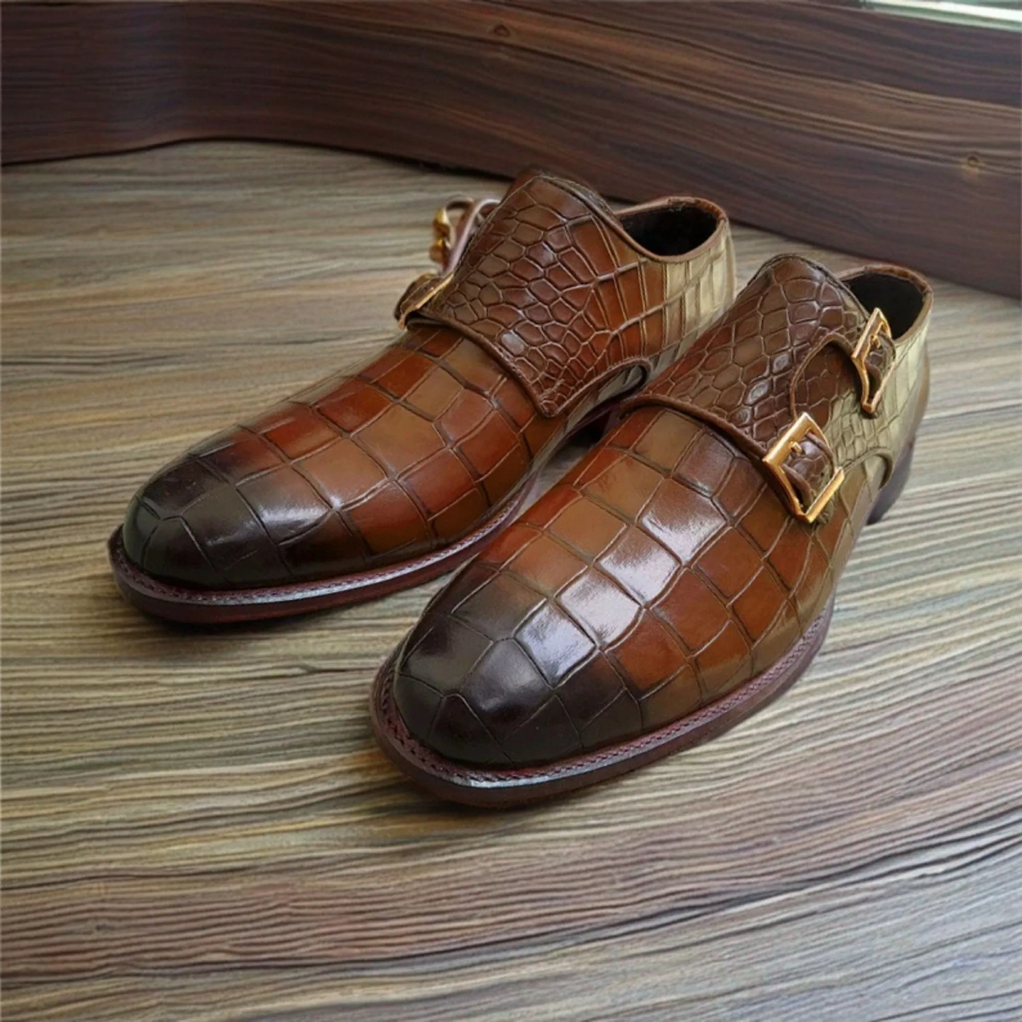 Men's Handmade Brown Crocodile Texture Leather Dress Shoes Double Monk Shoes Men Style Gift For Men