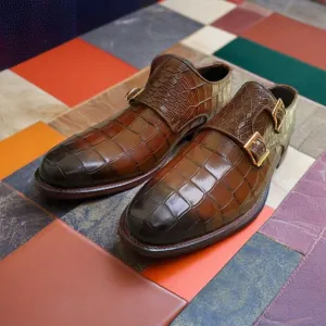 Men's Handmade Brown Crocodile Texture Leather Dress Shoes Double Monk Shoes Men Style Gift For Men