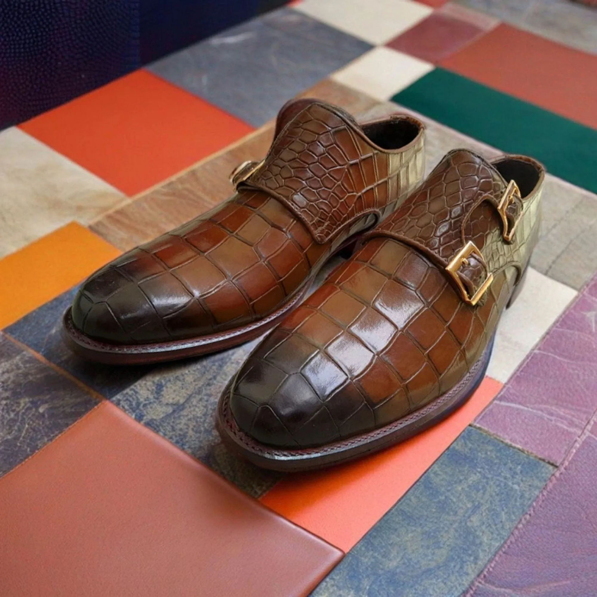 Men's Handmade Brown Crocodile Texture Leather Dress Shoes Double Monk Shoes Men Style Gift For Men