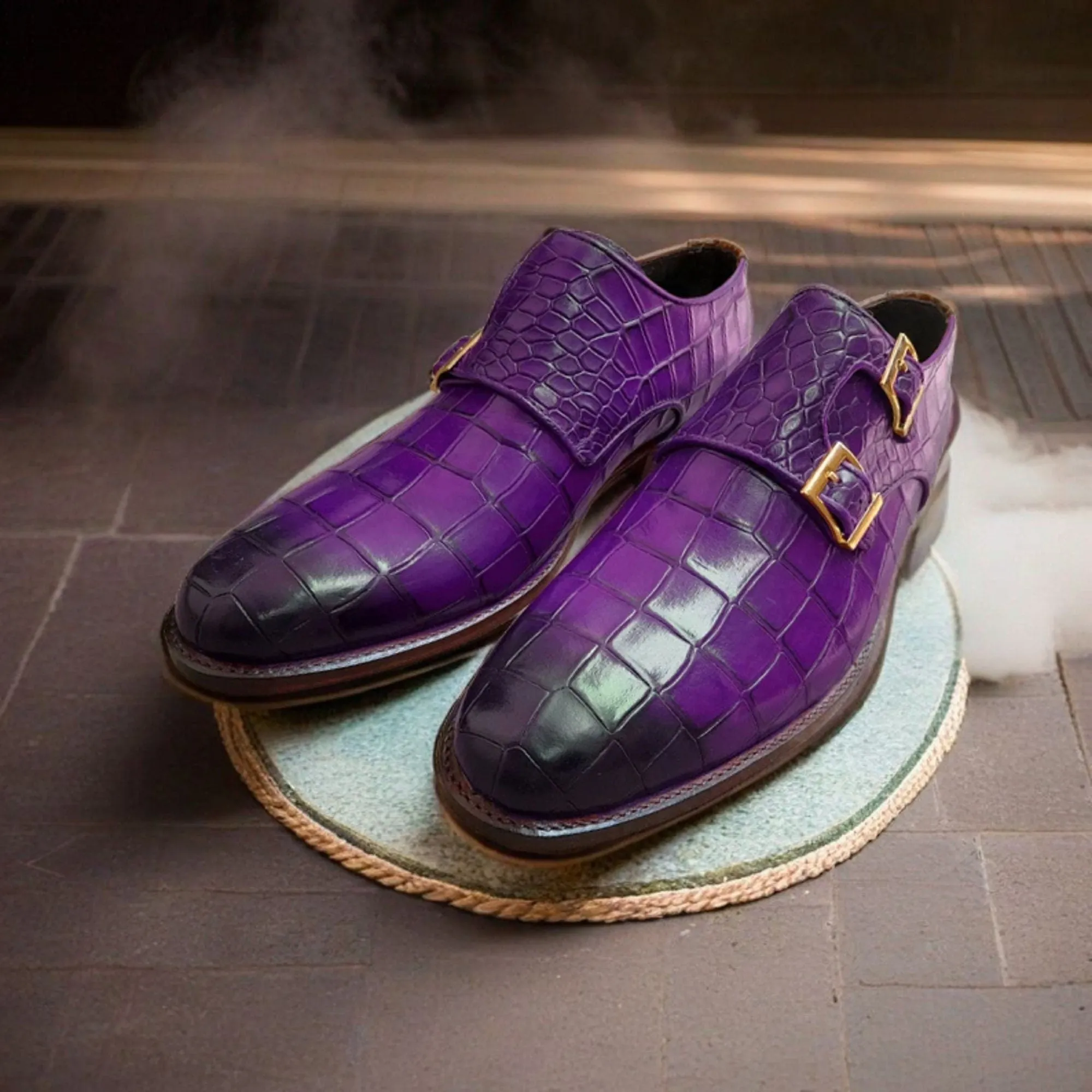 Men's Handmade Purple Crocodile Texture Leather Dress Shoes Double Monk Shoes Men Style Gift For Men
