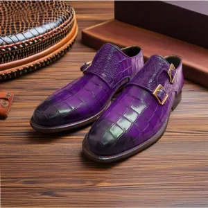 Men's Handmade Purple Crocodile Texture Leather Dress Shoes Double Monk Shoes Men Style Gift For Men