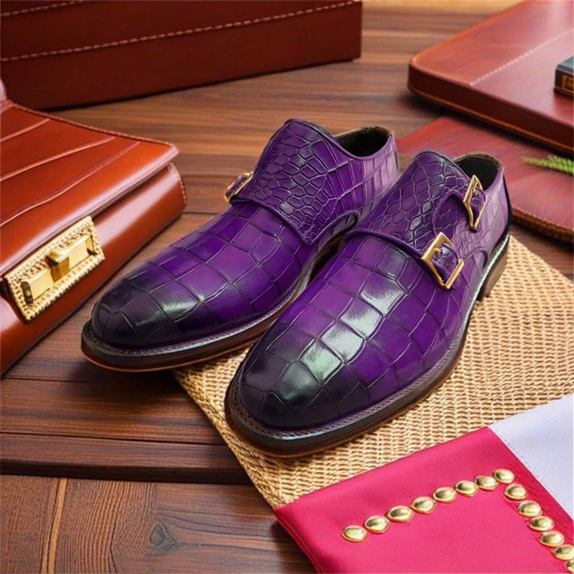 Men's Handmade Purple Crocodile Texture Leather Dress Shoes Double Monk Shoes Men Style Gift For Men
