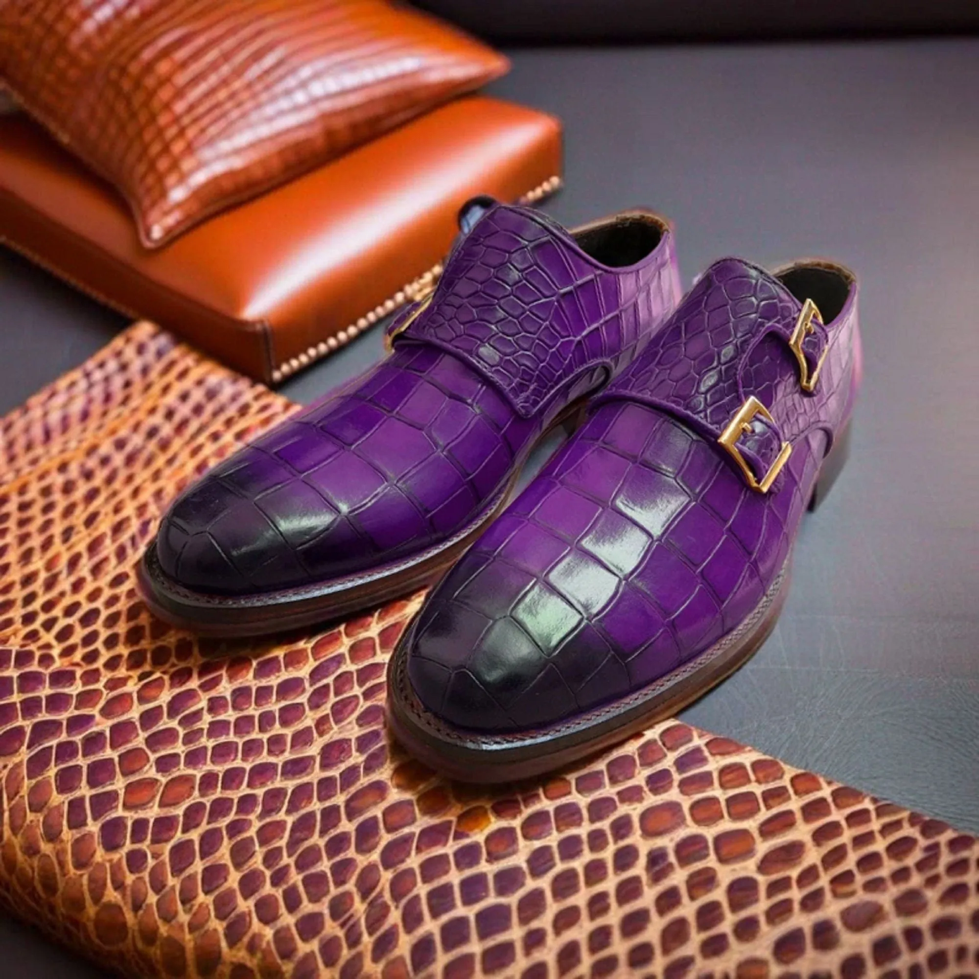 Men's Handmade Purple Crocodile Texture Leather Dress Shoes Double Monk Shoes Men Style Gift For Men