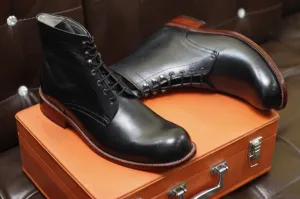 New Men's Handmade Formal Shoes Black Leather Lace Up Stylish Ankle High Combat Style Formal Boots