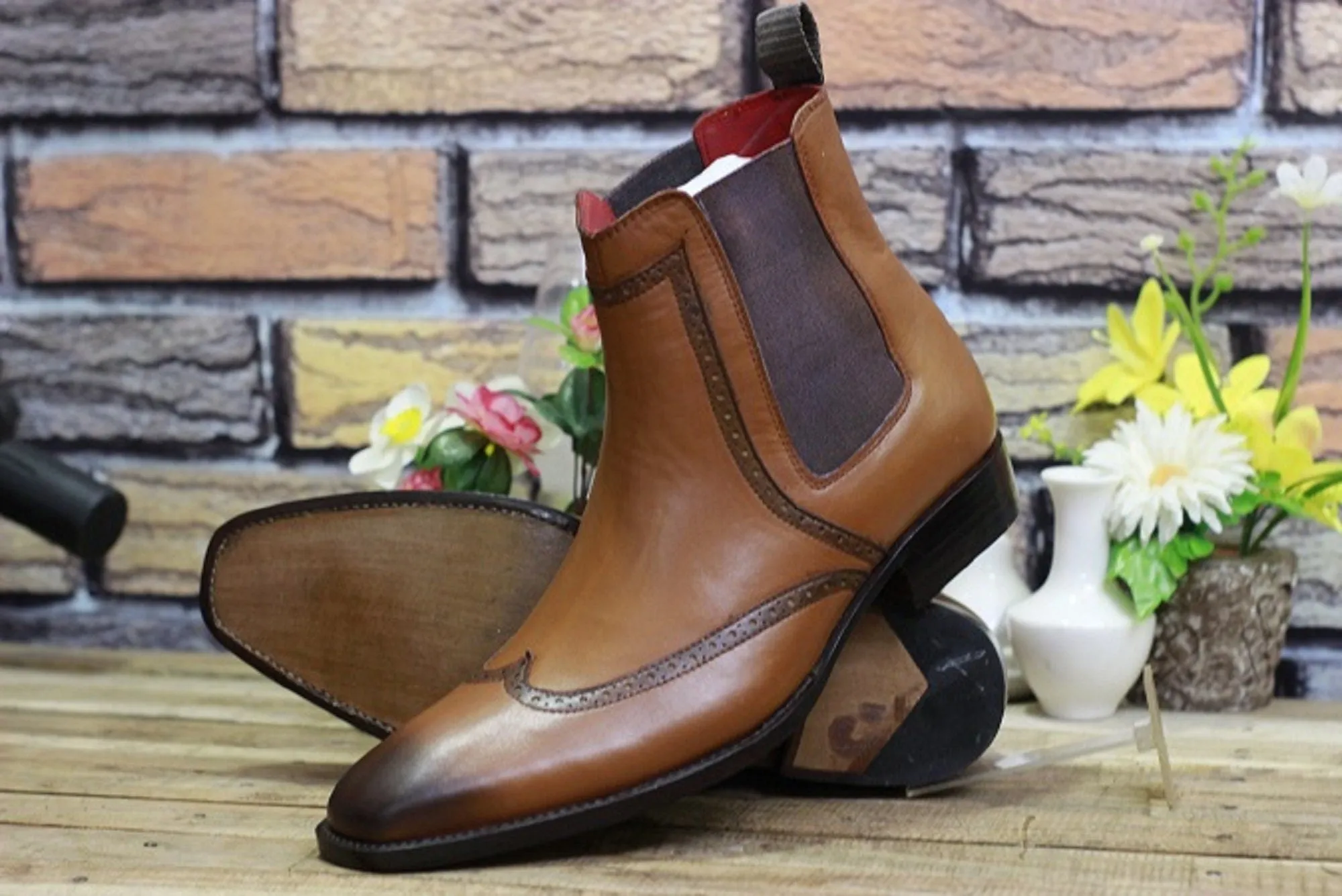 New Men's Handmade Formal Shoes Brown Shaded Leather Ankle High Pull On Stylish Wing Tip Chelsea Boots