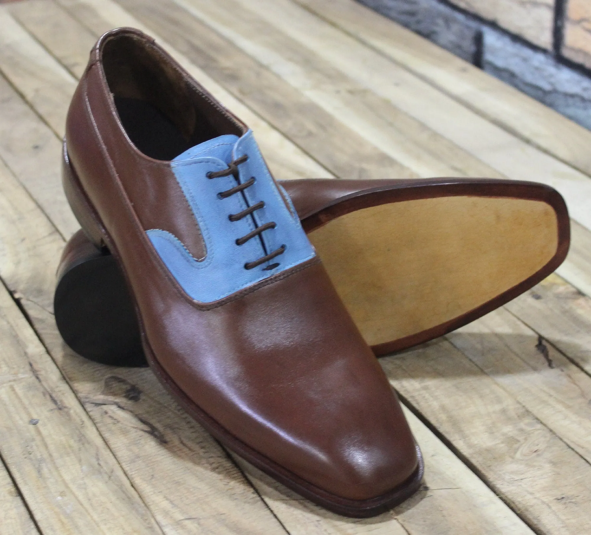 New Men's Handmade Formal Shoes Dual Color Blue & Brown Leather Lace Up Stylish Dress / Formal Wear Shoes
